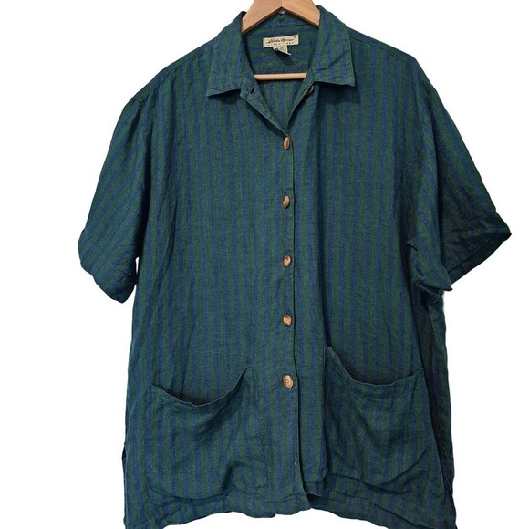 Eddie Bauer Linen Button Down Blouse with Collar Size Medium Green Plaid 90s - Picture 1 of 10